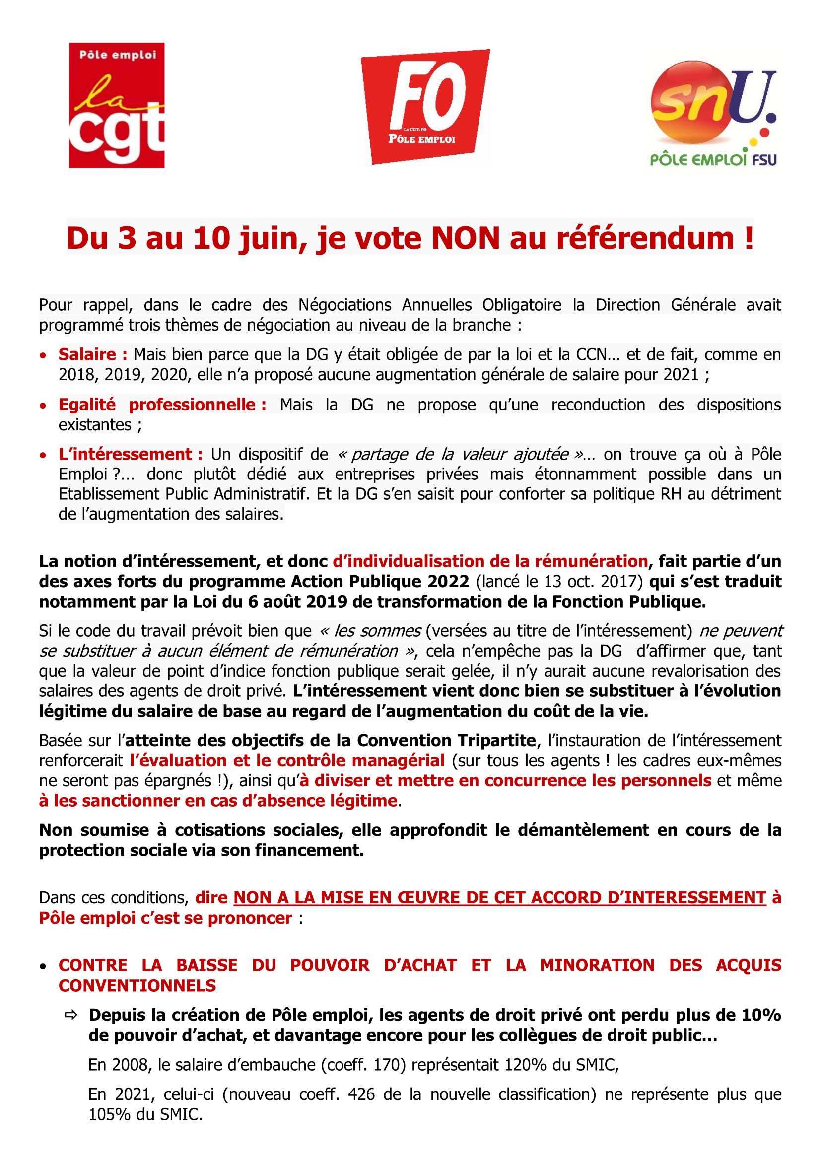 Du 3 au 10 juin je vote non !

Pour exiger l’augmentation générale de nos salaires, pour l’aboutissement de nos légitimes revendications : votons massivement non !